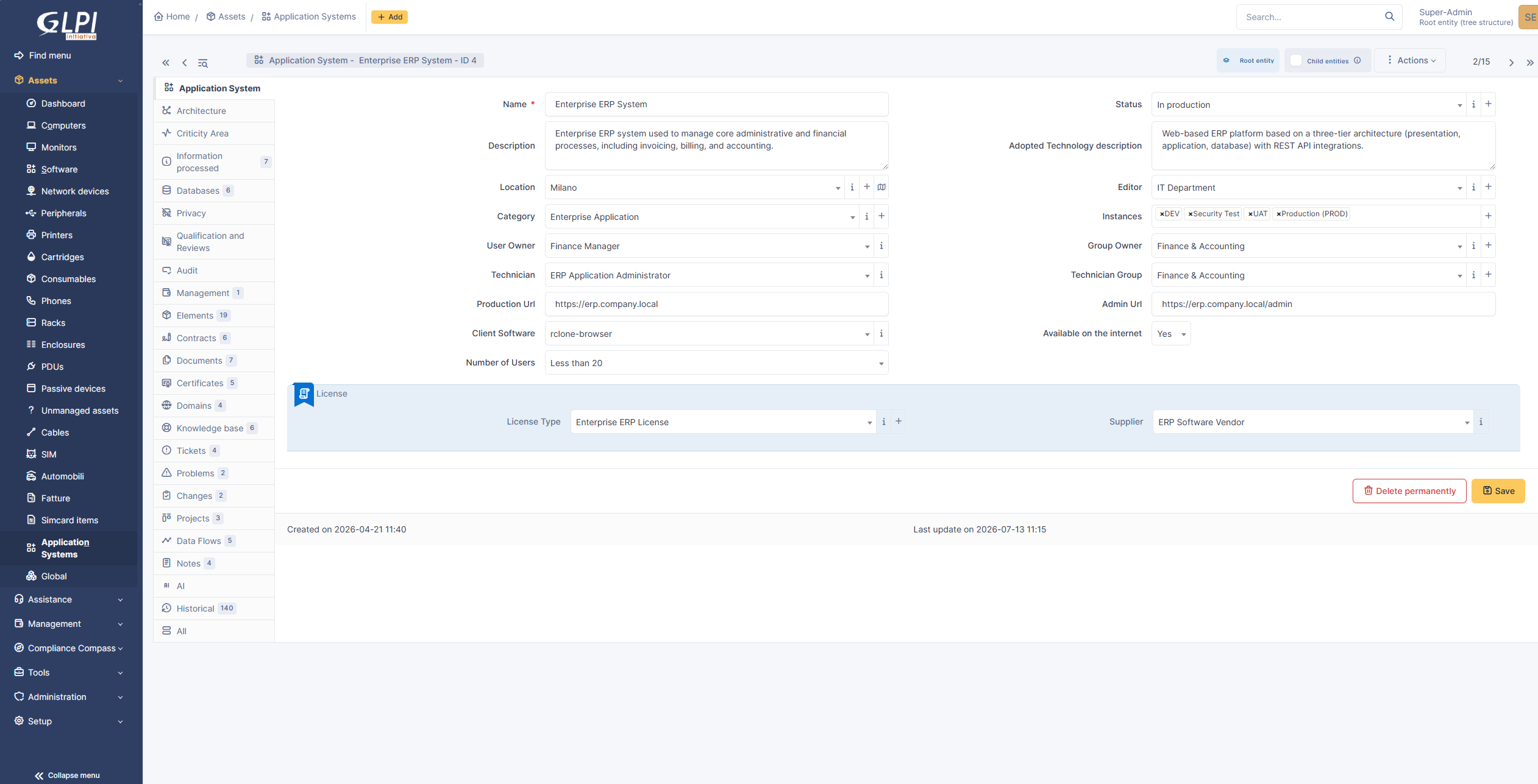 Conformitas in GLPI — Application Systems